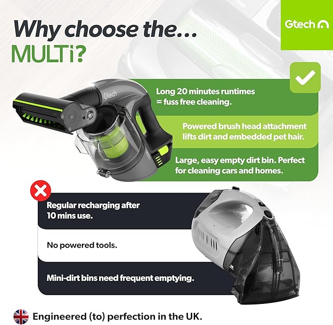 Gtech Multi MK2 Cordless Handheld Vacuum Cleaner with Powered Brush Bar - Mulitple Attachments - Perfect for Home, Stairs, Cars, and More - Rechargeable 22v Li-ion Battery - Lightweight (3.5 lbs.)