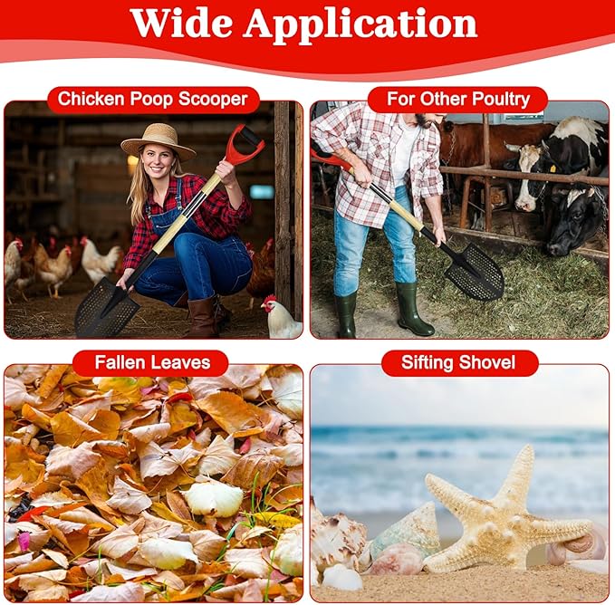 Upgrade Sifting Shovel - 50" Long Sand Sifter Shovel with Hole for Chicken Coop,Mud & Beach Fun, Heavy Duty Rock Sifter, Chicken Poop Scooper for Sand with Ergonomic D-Grip Handle