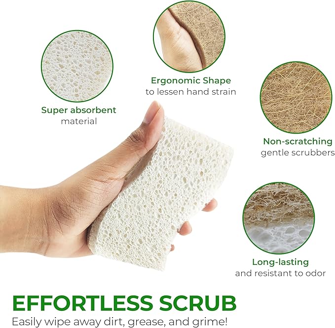 Natural Kitchen Sponges (12 Pack) - Biodegradable Cellulose & Coconut Scrubber Dish Sponges for Kitchen - Eco-Friendly, Non Scratch, Compostable, Non Toxic S-Shaped Natural Sponges for Dishes