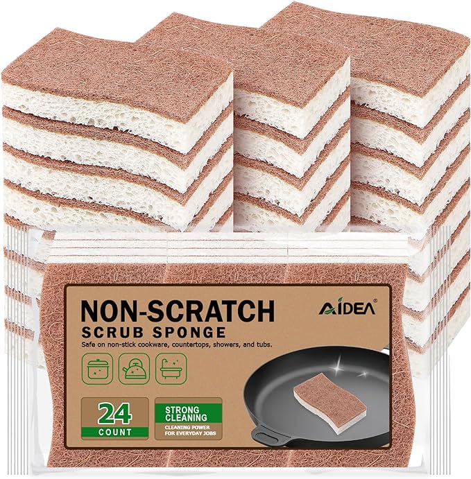 AIDEA Sponges Non Scratch, 24Count, Natural Sponge for Non Stick Cookware, Sponges Kitchen, Cellulose Scrub Sponge for Dishes, Cleaning Power for Kitchen, Bathroom, Household