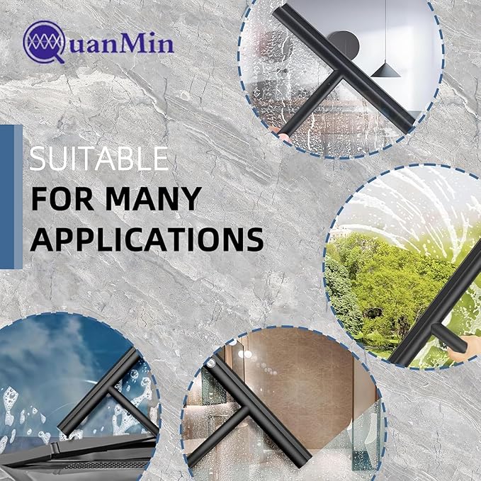 Upgrade Design Shower Squeegee with Hook, 11 inch Stainless Steel Core Glass Wiper, Multi-Purpose Glass Silicone Rubber Household Squeegees for Glass and Ceramic Doors Windows, Rounded Black