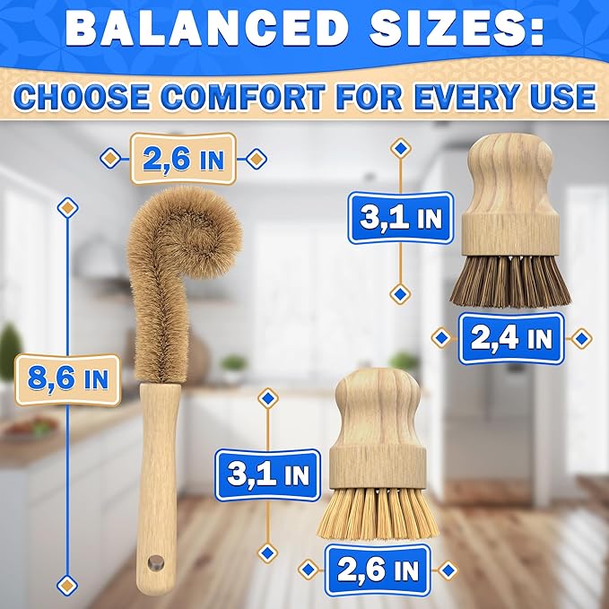 5 Pcs Bamboo Dish Brush Set – Wooden Dish Brush with Ergonomic Handle for Scrubbing Pots and Pans – Durable, Scratch-Free Bristles for Effective Dishwashing & Easy Grip for Comfortable Use