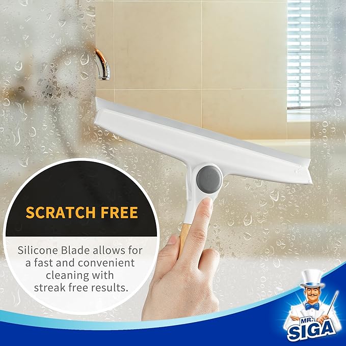 MR.SIGA All Purpose Silicone Squeegee for Shower Door, Mirror, Glass, Streak Free Shower Squeegee, Pivoting Bamboo Handle, Includes 1 Suction Hook, 10 inch Wide, 1 Pack