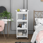 4 Tier Rolling Cart with Handle, Utility Cart with Table Top Easy Assembly Bathroom Storage Cart on Wheels for Office, Living Room, Kitchen, Craft Room, White