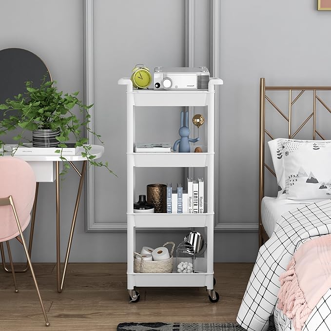 4 Tier Rolling Cart with Handle, Utility Cart with Table Top Easy Assembly Bathroom Storage Cart on Wheels for Office, Living Room, Kitchen, Craft Room, White