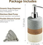 Ceramic Soap Dispenser Set for Hand Soap, Shampoo, Dish Soap, Conditioner, Bathroom & Kitchen, Stainless Steel Pump, Includes Silicone Funnel, 12 Oz, Non-Slip, Elegant Kitchen Decor, Gray