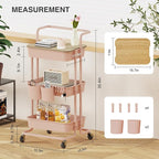 DTK 3 Tier Rolling Utility Cart with Cover Top Board, Movable Kitchen Storage Cart Trolley with Lockable Wheels, Cups, Hooks for Kitchen Bathroom Home Office Art Craft Storage and Organization(Pink)