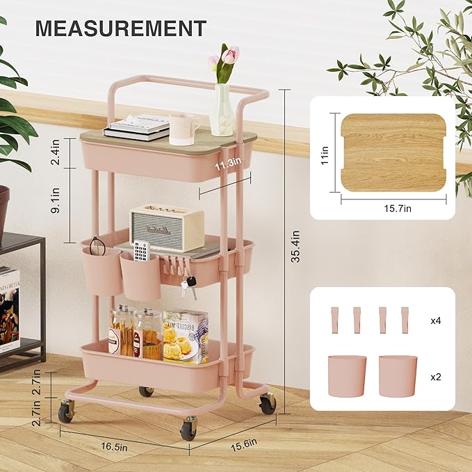 DTK 3 Tier Rolling Utility Cart with Cover Top Board, Movable Kitchen Storage Cart Trolley with Lockable Wheels, Cups, Hooks for Kitchen Bathroom Home Office Art Craft Storage and Organization(Pink)