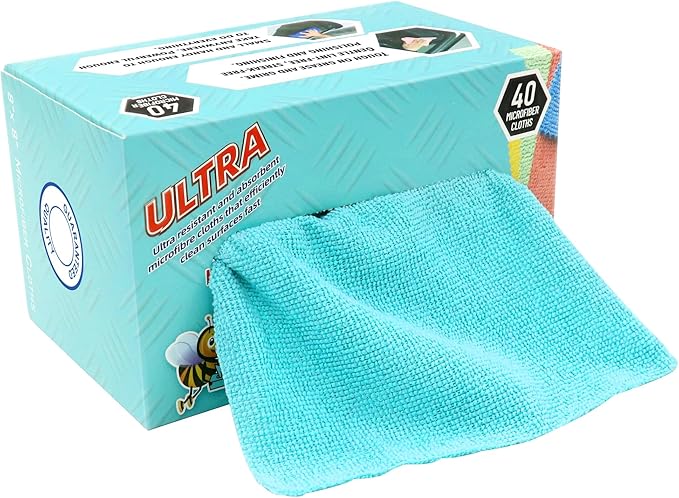 40 Pack Microfiber Cleaning Cloth with Box, Scratch & Streak-Free, Bulk Towels for Home, Reusable Microfiber Towels for Cars, Cleaning Rags, 8 x 8 in, Blue