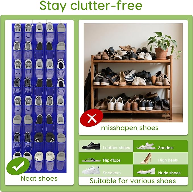Unjumbly Over the Door Shoe Organizer with 40 Large Breathable Mesh Pockets, Space Saving Shoe Holder, Hanging Shoe Rack for Entryway Bedroom Closet Storage (Navy Blue, 40 Pockets)