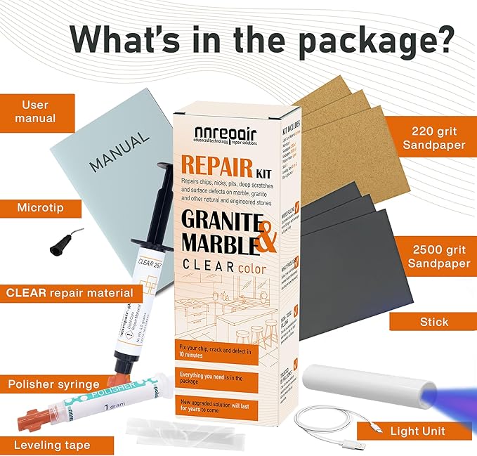 Marble, Granite & Quartz Countertop Repair Kit (Clear) - Fix Your Defects Like a Pro I Suitable for Most Repairs I Fix Broken Chips in Minutes