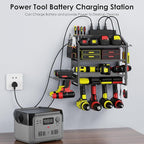 Power Tool Organizer Wall Mount with Charging Station, 4 Layer Storage Rack and Tool Holder for Garage Organization, 6 Drill Holder Wall Mount, 4 Hooks and 6 Outlet Power Strip, Great Men's Gift