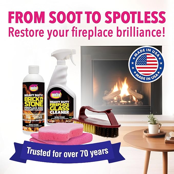 Quick ‘n Brite Fireplace Cleaning Kit – Includes 24oz Fireplace Glass Cleaner, 16 oz Gel Fireplace Cleaner, Scrub Brush, Sponge and Microfiber Towel