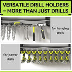 KAFAHOM Power Tool Organizer with Charging Station,9 Drill Holder Wall Mount,4 Layer Durable Metal Cordless Drill Storage for Garage Organization,Battery Tool Rack Built in 7 Outlet Power Strip Black