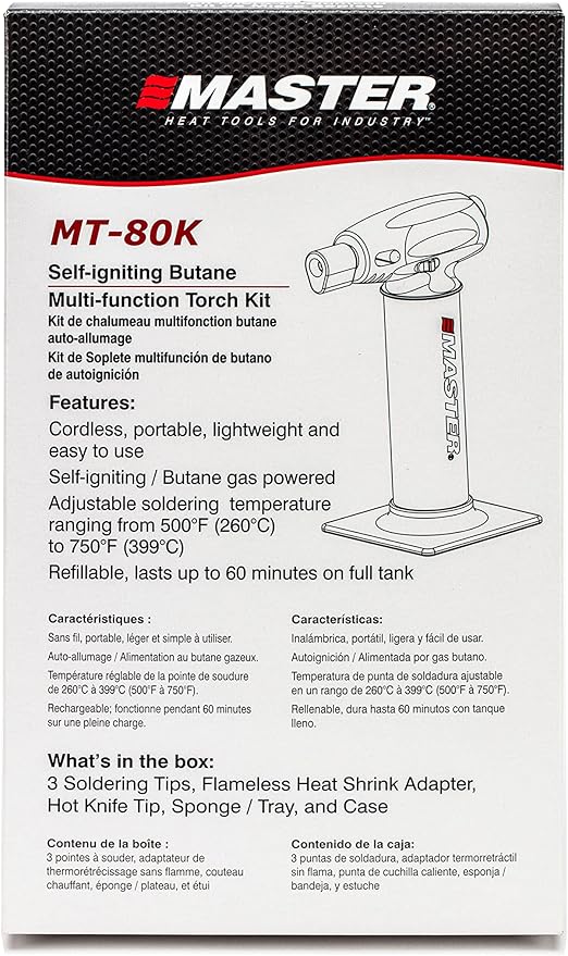 Master Appliance MT-80K Butane Micro Torch Kit [Butane Torch, Flameless Heat Tool, Soldering Iron & Hot Knife] Hand Held, Refillable with Butane Fuel, Adjustable Flame, Case with Attachments