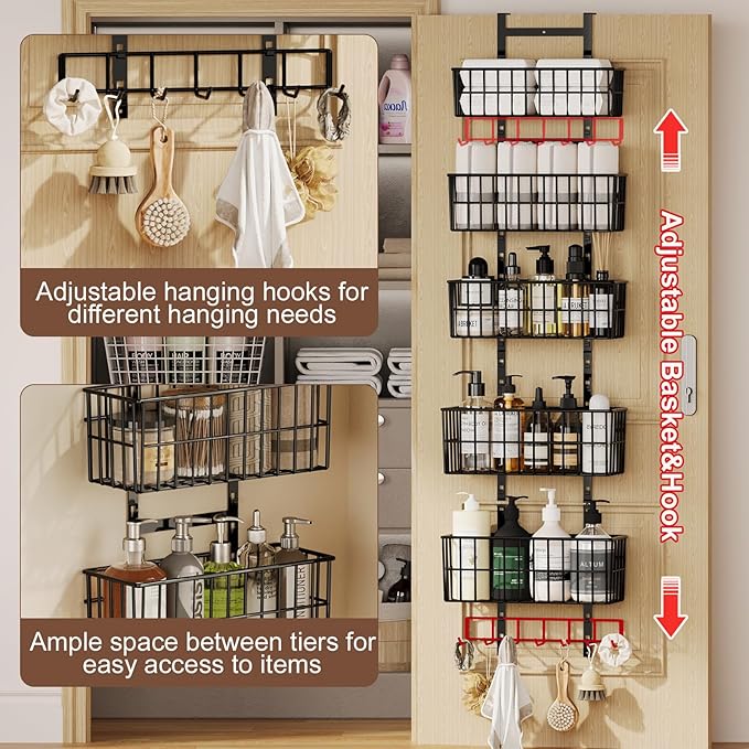 Adjustable Over The Door Organizer, Metal Hanging Door Organizer with 5 Wire Basket 7 Hooks, Wall Mounted Shelf for Pantry Laundry Organization and Storage, Black