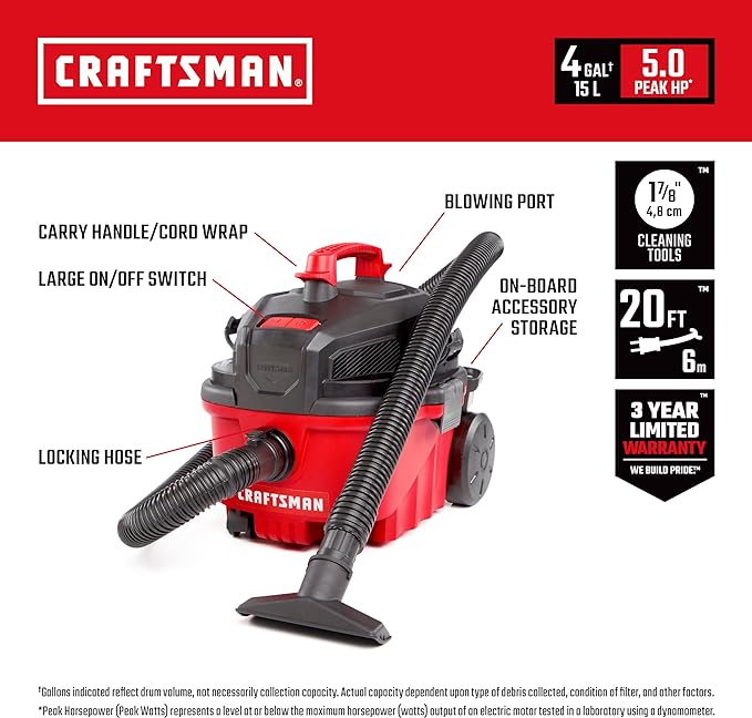 CRAFTSMAN CMXEVBE17040 4 Gallon 5.0 Peak HP Wet Dry Vac, Portable Shop Vacuum Wet and Dry with Filter, Hose and Attachments for Home and Automotive Cleaning