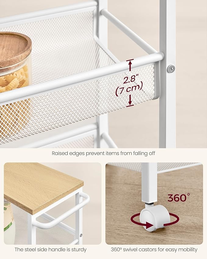 VASAGLE Slim Rolling Cart, 4-Tier Storage Cart, Narrow Cart with Handle, 8.7 Inches Deep, Metal Frame, for Kitchen, Dining Room, Living Room, Home Office, Oak Beige and Classic White ULRC033W09