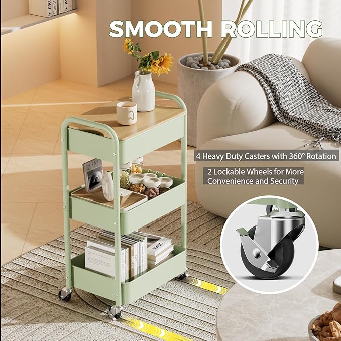 3 Tier Rolling Cart with Table top, Metal Rolling Utility Cart, Sturdy Storage Organizer Cart with Locking Wheels & Hooks for Office, Classroom, Kitchen and Bathroom