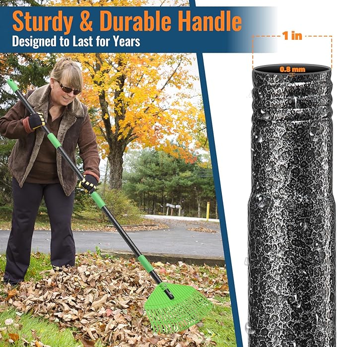 Garden Leaf Rake, 44" Long Handle Prevents Bending, 16.5" Flexible Head, Lightweight & Gentle on Grass, Ideal for Leaf Collection Around Bushes, Flowers and Lawns