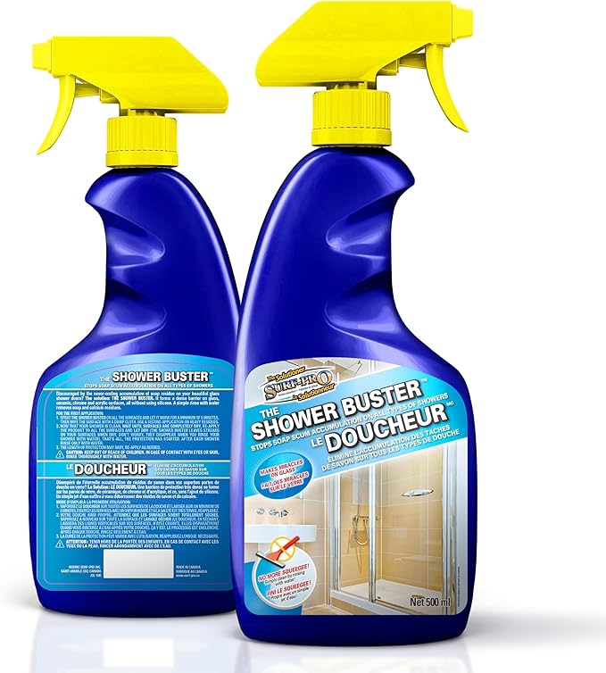 Shower Glass Door Cleaner – Shower Buster Spray for Soap Scum & Hard Water Stains – No Scrub Bathroom Cleaner for Glass, Tile, Chrome, Ceramic, RV and Septic Safe (500ml / 16.9oz)