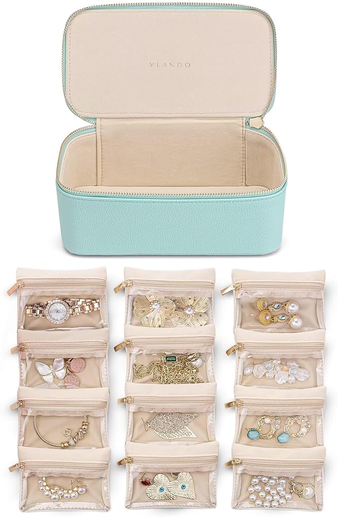 Vlando Jewelry Travel Case,Travel Jewelry Organizer with Clear Velvet Jewelry Bags 12Pcs Zipper Pouch for Women Girl Trendy Stuff Gift-Lake Blue