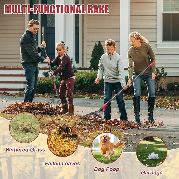 Garden Rake for Leaves: 70 Inch Adjustable Long Handle 18 Metal Tines with 8-17" Expandable Head Heavy Duty Metal Rake for Lawns Leaves Yard Grass Camping Debris