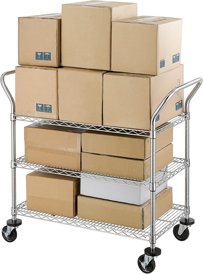 Finnhomy 3-Tier Commercial Grade Rolling Cart, Heavy Duty Utility Cart with Wheels and Handles, Metal Kitchen Carts on Wheels with 500 lbs Capacity, Shelf Size 20" D x 36" W, NSF