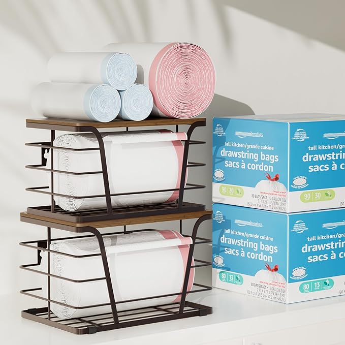 Extra Large 2 Pack Stackable Storage Pantry Organizers and Storage, Wall Mount Trash Bag Holder with Bamboo Top and Garbage Bag Dispenser, Brown