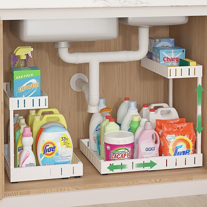 REALINN Under Sink Organizer, 2 Tier Expandable Under Cabinet Organizer, Heights Adjustable Pull Out Storage for Kitchen Bathroom Laundry, White, 2 Pack