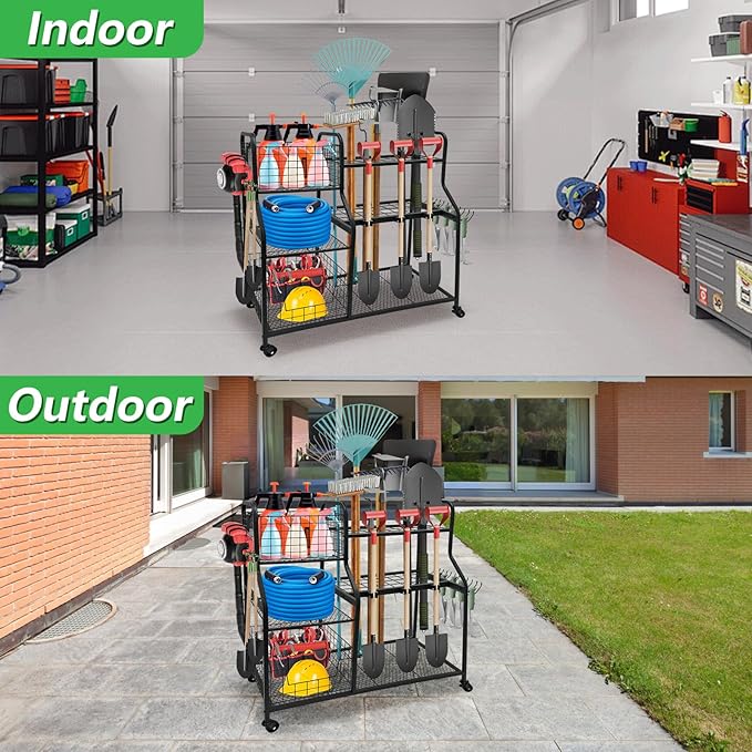 Garden Tool Organizer for Garage, 3 Tier Yard Tool Organizer and Storage Holder with Wheels, Utility Garden Tool Rack with Storage Basket for Garden, Yard, Shed, Garage, Basement