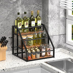 Coffee Syrup Rack Organizer, Spice Racks, Syrup Bottle Holder Stand for Coffee Bar, 3-Tier 12 Bottles Storage Shelves for Syrup, Wine, Dressing for Kitchen Countertop, Rustic Brown & Black
