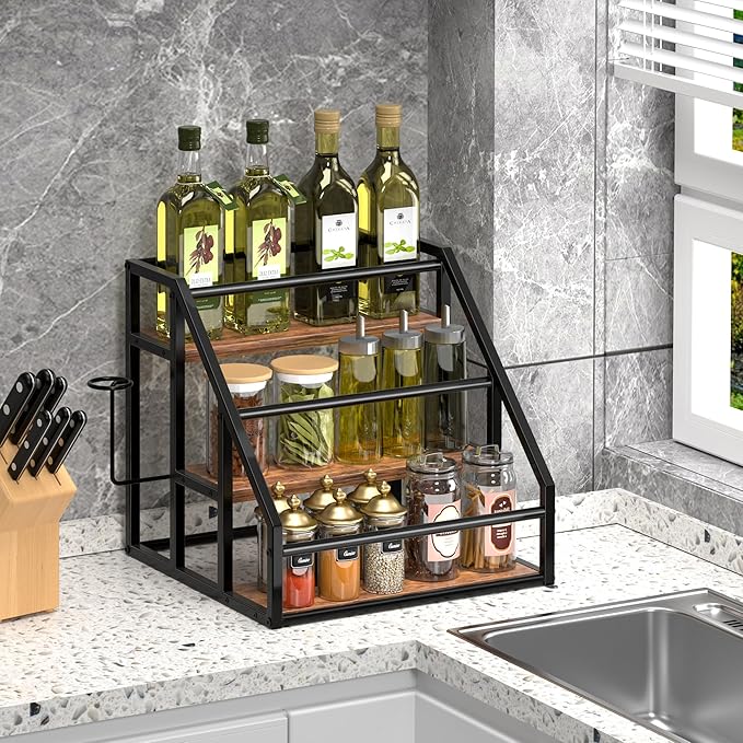 Coffee Syrup Rack Organizer, Spice Racks, Syrup Bottle Holder Stand for Coffee Bar, 3-Tier 12 Bottles Storage Shelves for Syrup, Wine, Dressing for Kitchen Countertop, Rustic Brown & Black