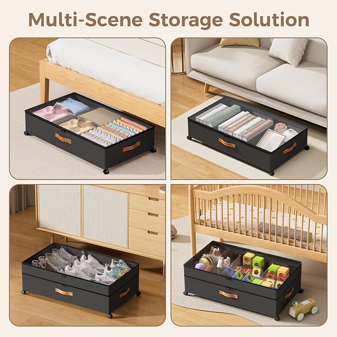 Under Bed Storage with Wheels, Large Capacity UnderBed Containers with Clear Lids, Shoe Organizer Under Bed Drawers, Rolling Under the Bed Storage for Clothes, Shoes, Blankets