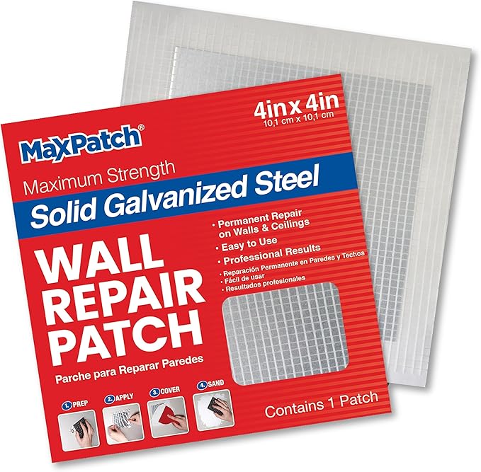 MaxPatch® 4 in. x 4 in. Solid Metal Self-Adhesive Wall Repair Patch (3-Pack) – Durable Galvanized Metal, Easy Application for Drywall, Plaster, and Ceiling Repairs