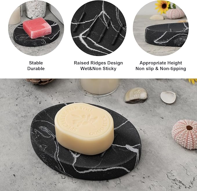 Soap Dish Bathroom Resin Marble Look Bar Soap Holder for Shower Soap Tray for Kitchen Sink(Marble Black)