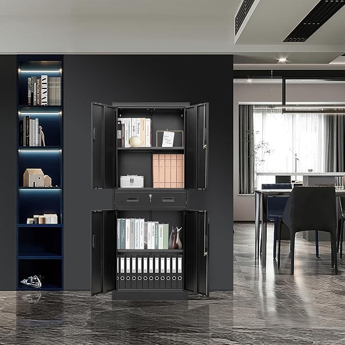 Metal Storage Cabinets with 1Drawer, 71" Storage Cabinet with 4 Locking Doors and 2 Adjustable Shelves, Steel Storage File Cabinet for Pantry Home, Kitchen, Office, Garage (Black)