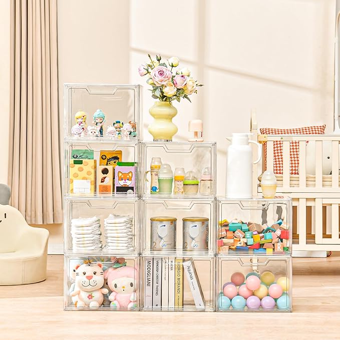 3 Pack Clear Storage Bins with Lids, Storage Containers with Magnetic Door, Stackable Acrylic Display Case for Handbags, Cosmetic, Multifunctional Storage Boxes for Dorm, Living Room, Bedroom Storage