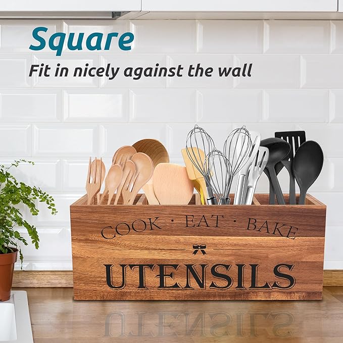 Suli Acacia Wood Utensil Holder for Kitchen Counter,Extra Large Utensils Holder with 4 Compartments,Caddy Organizer for Countertop, Farmhouse Kitchen Decor, Rustic Cooking Utensil
