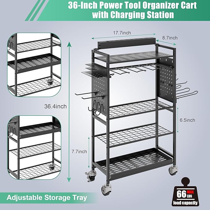 Power Tool Organizer Cart with Charging Station, Garage Floor Rolling Storage for 6 Mobile Drill, Mechanic, Power Tool Box Utility Cart with Battery Charging, Black, Gift for Men, Father