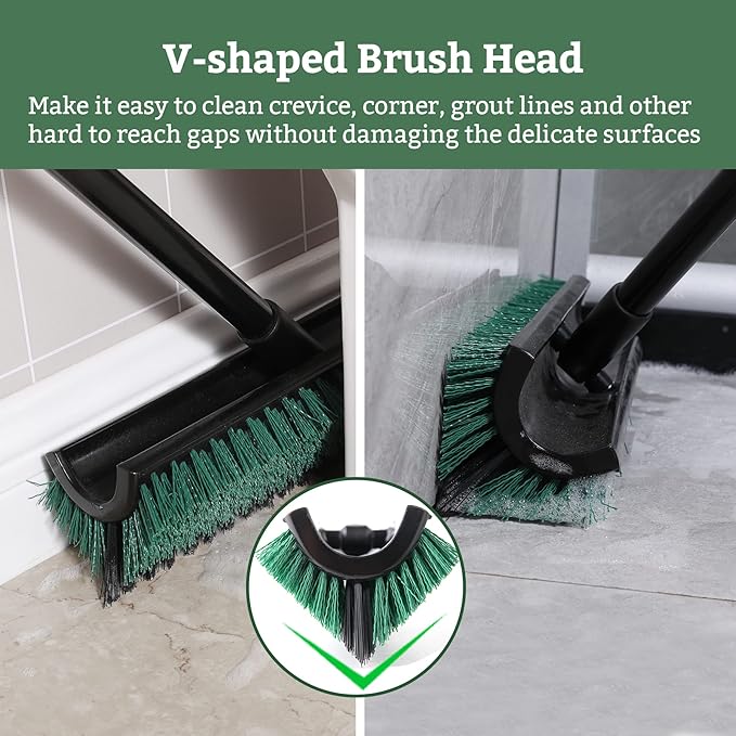Eyliden Double-Sided Floor Scrub Brush, 65.5'' Long Handle, V-Shaped Head Brushes for Crevice and Corner Cleaning, No-Scratch Effortless Grout Brush for Floor Joint Tile Seams Bathroom Kitchen