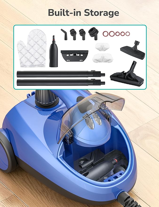 Steam Cleaner for home, 80PSI 293°F Multipurpose Heavy Duty Canister Steamer,Built-In Storage, Handheld Steam Mop for Home Car Upholstery Bed Furniture Carpet Bathroom Tile Grout Floor Cleaning, Blue