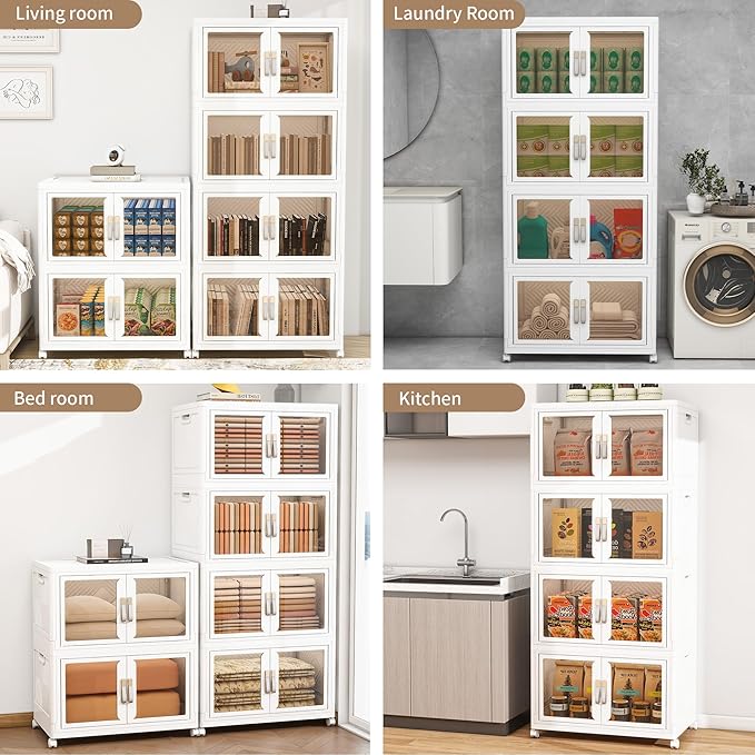 Large Stackable Storage Bins with Lids, 660QT-165QT*4Tier Foldable Cabinet for Closet Organizers, Plastic Storage Containers Box with Wheels