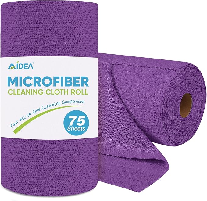 AIDEA Microfiber Cleaning Cloth Roll, 75PK, Reusable Paper Towels Tear Away Cloth, Microfiber Towels for Cars, Lint Free Cleaning Rags for House, Kitchen, Window, 11.5"×11.5", Purple