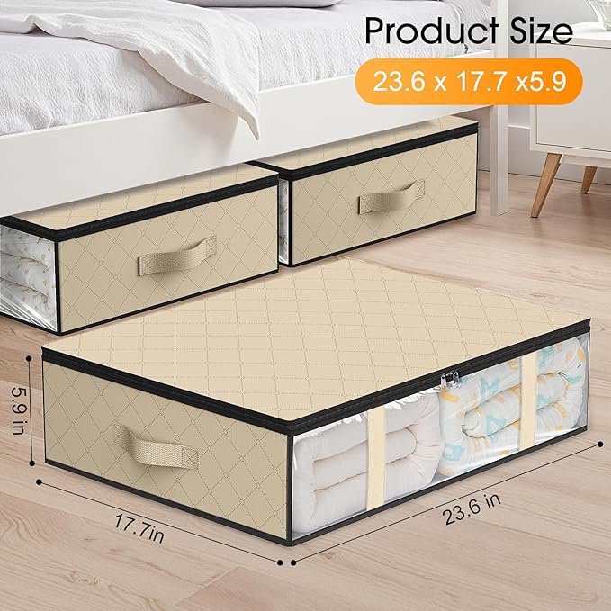 StorageRight Under Bed Storage Bags 6 Pack, 40L Large Clothes & Comforter Storage Containers with Clear Window, Breathable Fabric Organizer for Blankets, Bedding, Seasonal Clothing, Beige