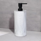 White Body Wash Dispenser Luxurious Refillable Pump Bottle with Embossed Text, Durable Construction for Bathroom and Kitchen