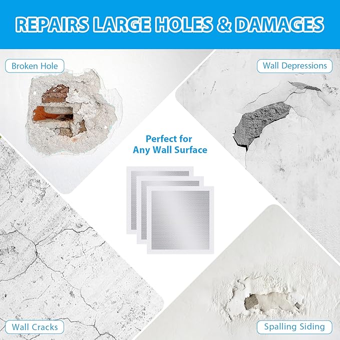 4-Pack 12x12 Inch Drywall Repair Patch Kit, Self-Adhesive Mesh with Aluminum Panels, Heavy-Duty Wall and Ceiling Hole Patch for Large Repairs