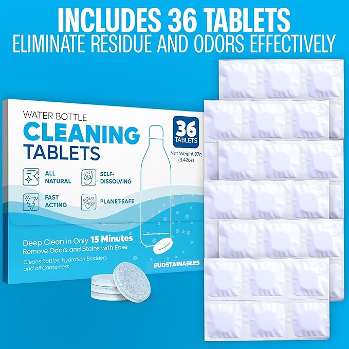 Sudstainables Water Bottle Cleaning Tablets – 36-Pack, Chlorine-Free and Odorless Cleaner for Hydration Bladders, Stainless Steel, Tumblers, and Glass Bottles - Removes Stubborn Stains and Odors