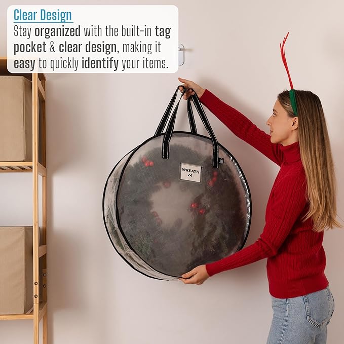 VENO 2 Pack Front Door Wreath Storage Container For Summer - 24 Inch Clear Wreath Bag, Christmas Garland Decoration Organizers with Zipper and Durable Handles (Clear, 24"-2 Pack)