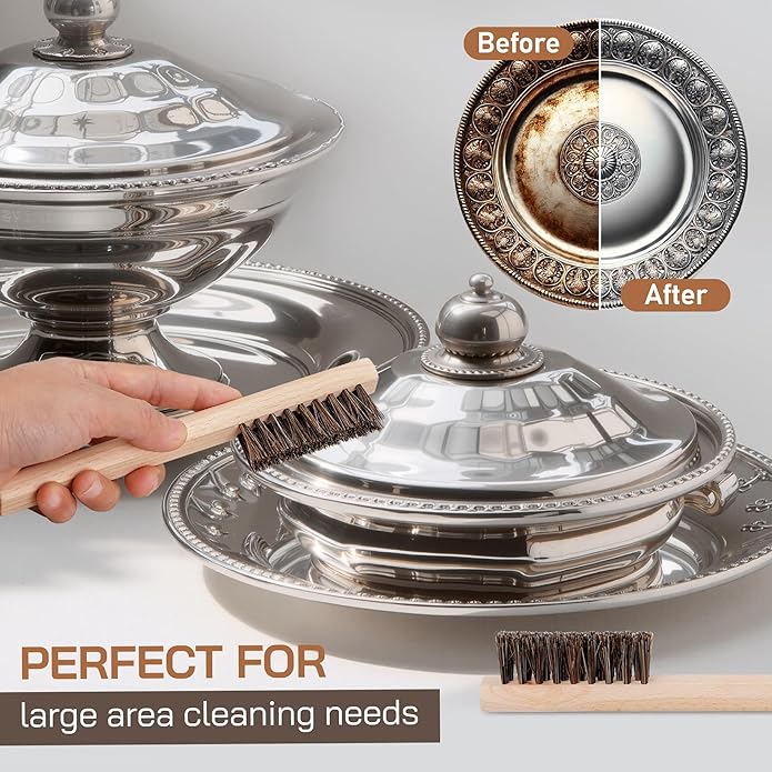 TAKAVU Horsehair Detail Brush Set, Silver Cleaning Brushes & Polish Cloth for Silverware Plateware Jewelry